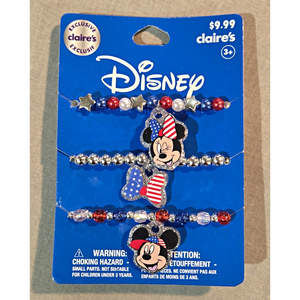 Disney Minnie & Mickey Beaded Charm Bracelet Set with Dangle Charms Patriotic